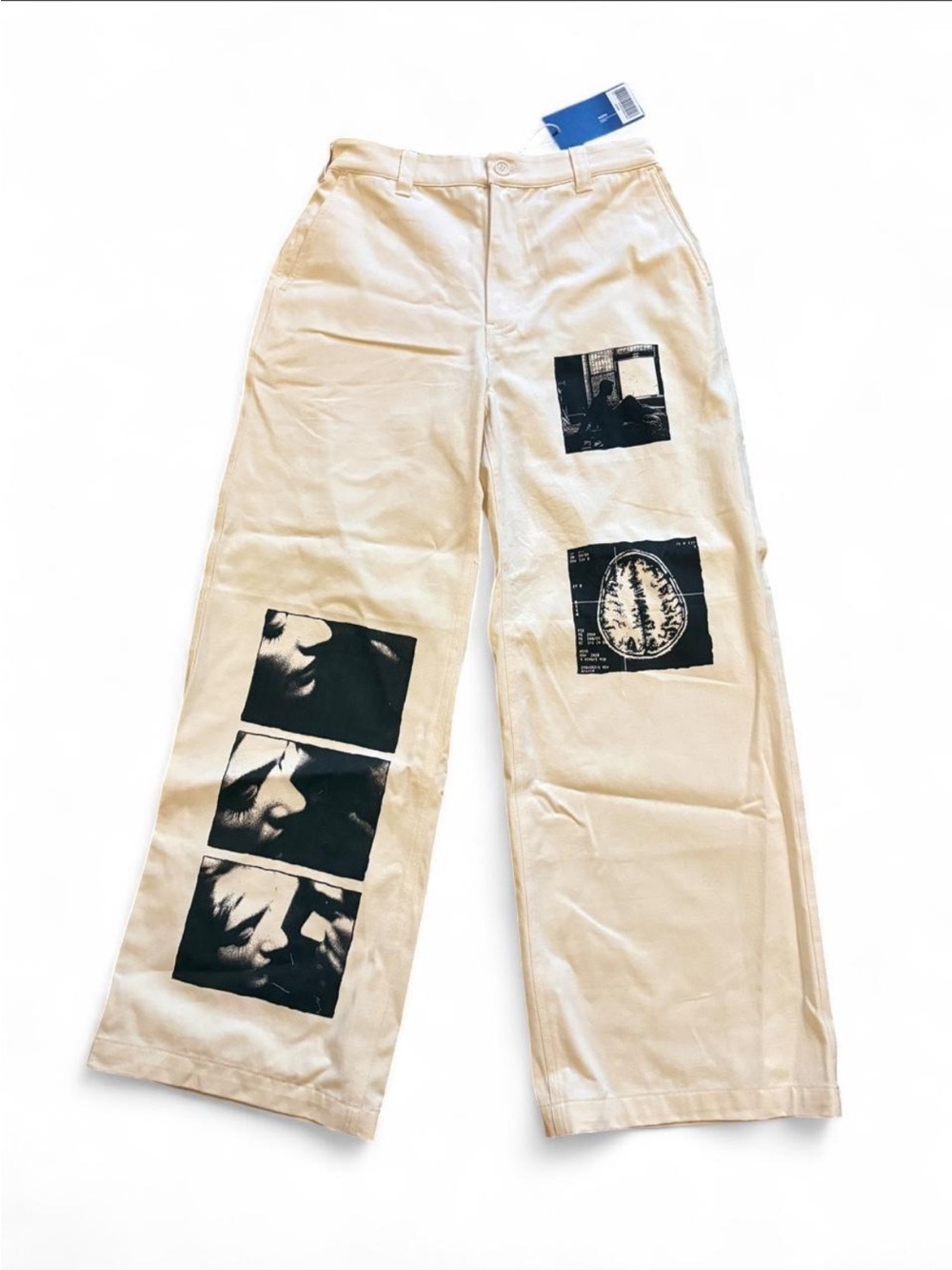 SCRT Cream Wide-Leg Graphic Panel Pants